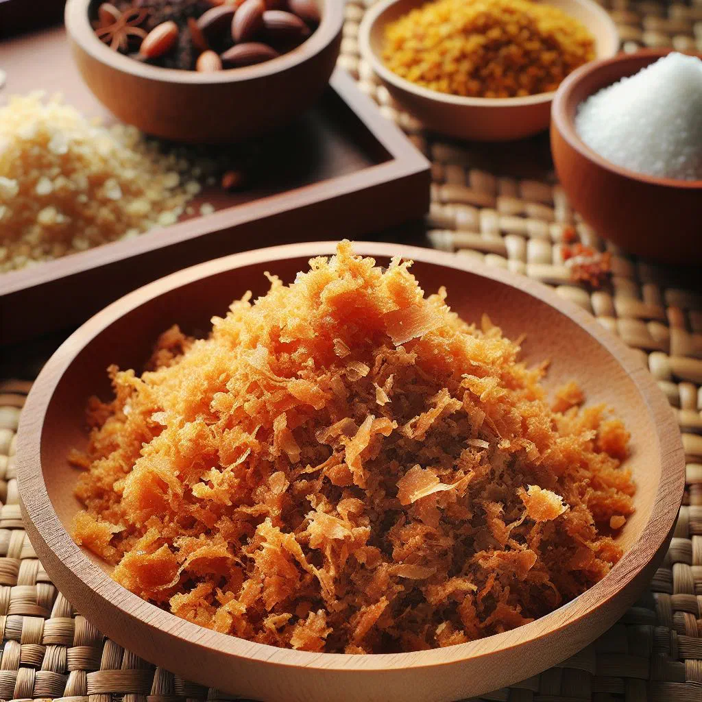 Serunding, spiced shredded meat floss with toasted coconut, served in a bowl