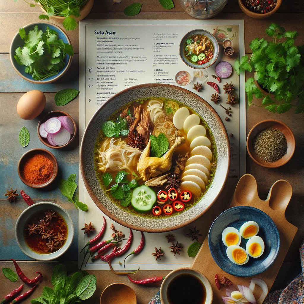 Bowl of soto ayam chicken soup with fresh coriander and lime