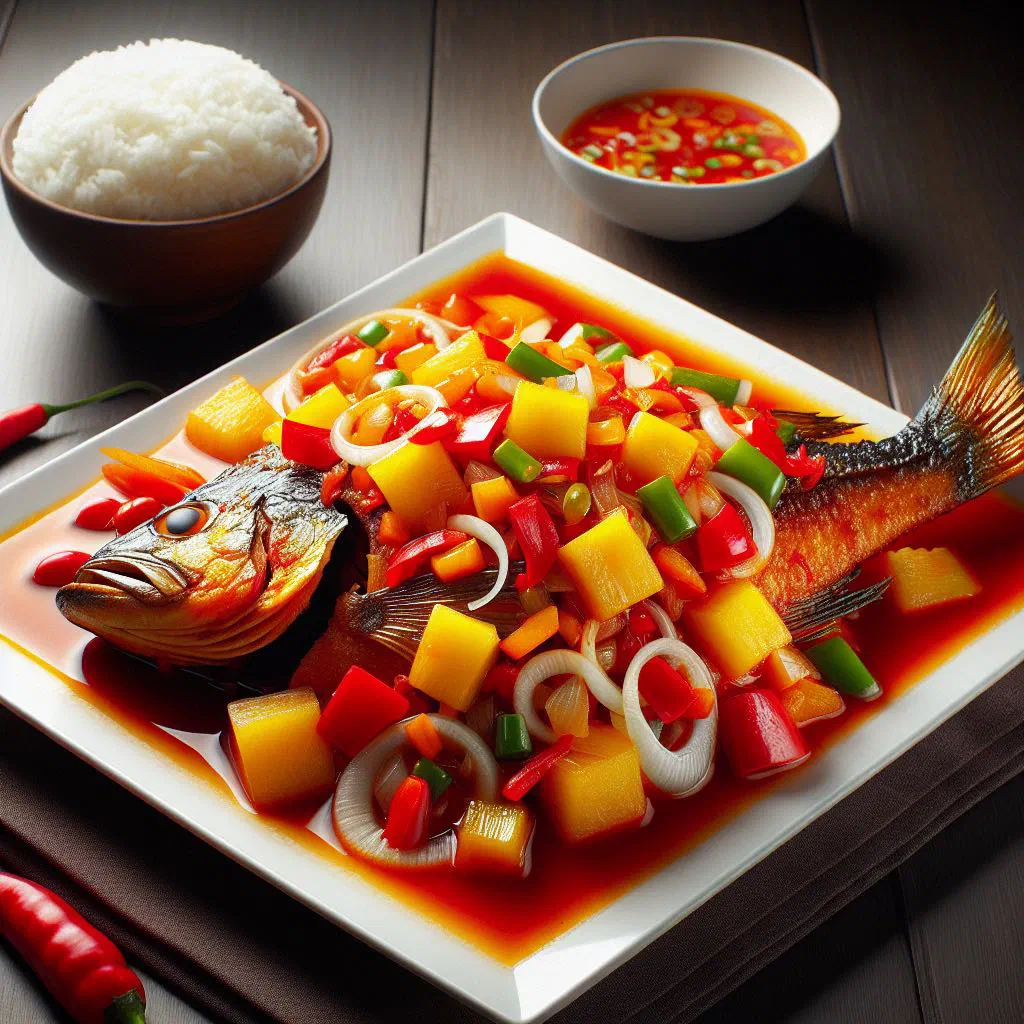 Pan-fried fish fillets in a glossy sweet and sour tamarind sauce with chilli and coriander