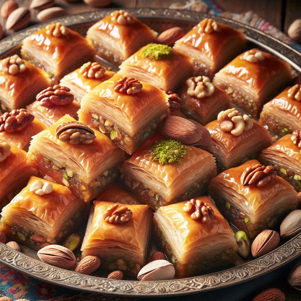 Golden baklava diamonds layered with nuts and glazed with honey syrup