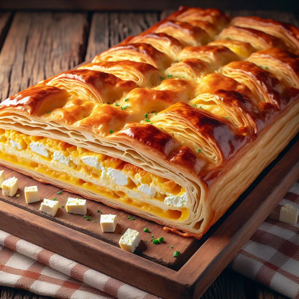 Golden coiled banitsa pastry with egg and white cheese filling, sliced on a plate