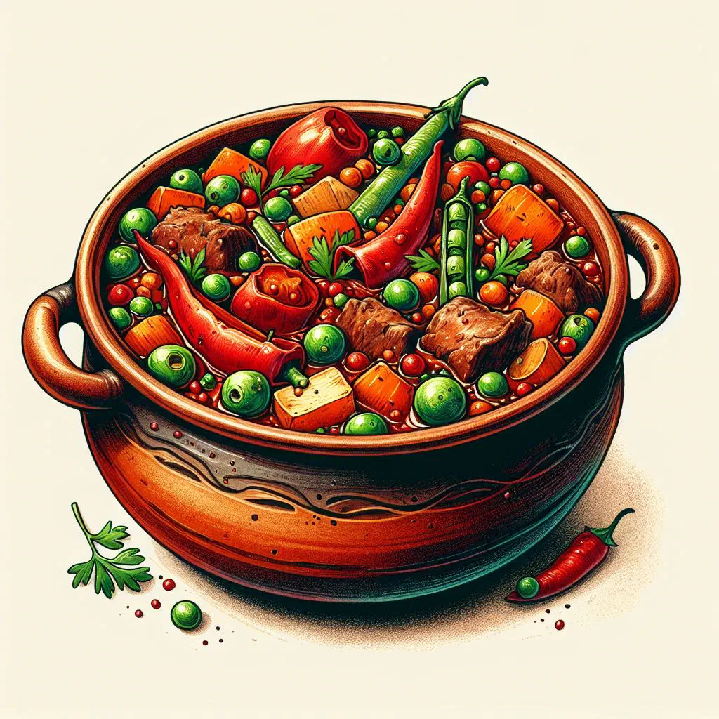 Bulgarian gyuvech stew with meat and vegetables in a clay pot