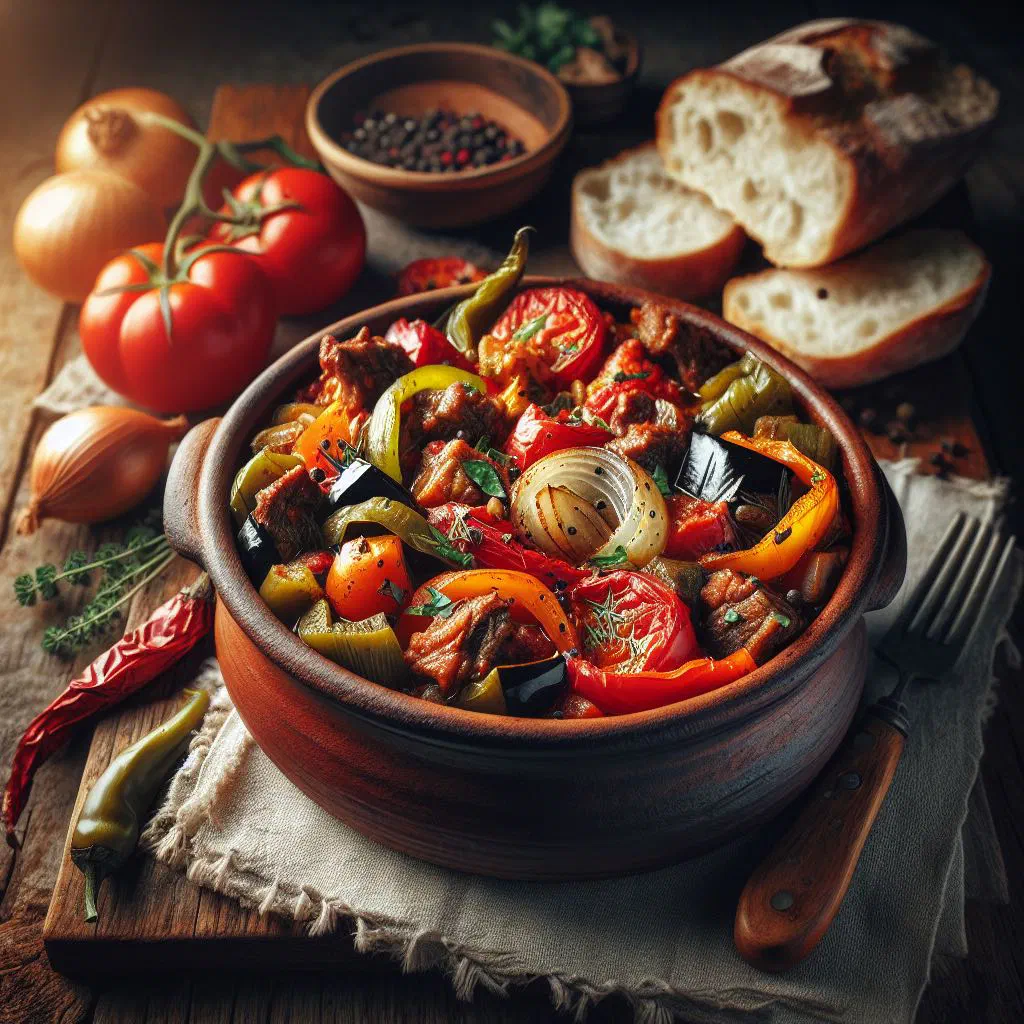 Baked gyuvecheta in a clay pot topped with melted feta and herbs