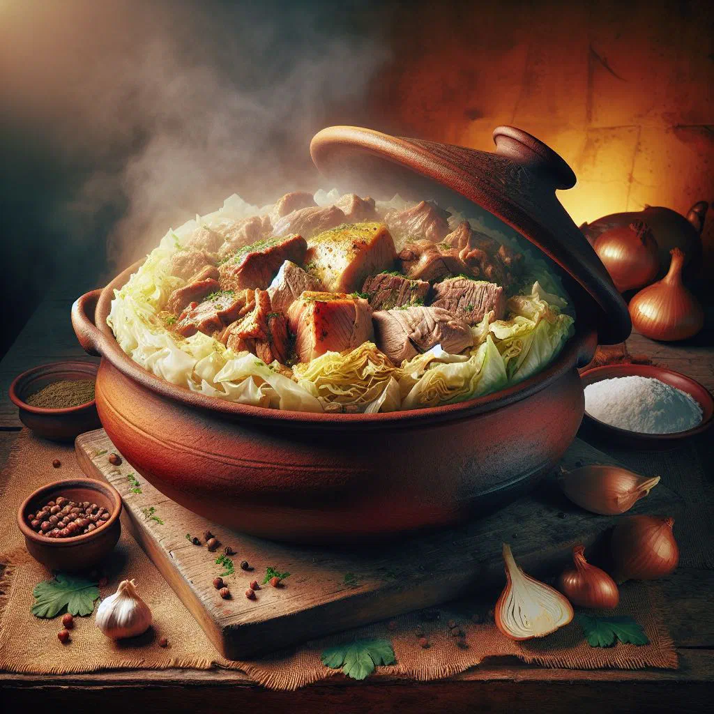 Bulgarian kapama stew with tender meat, rice and peppers, garnished with fresh herbs