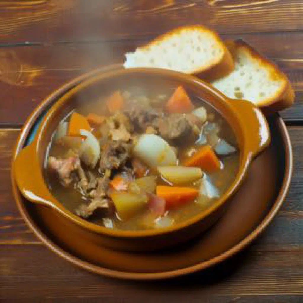 Bulgarian kavardak casserole with tender meat, potatoes and peppers