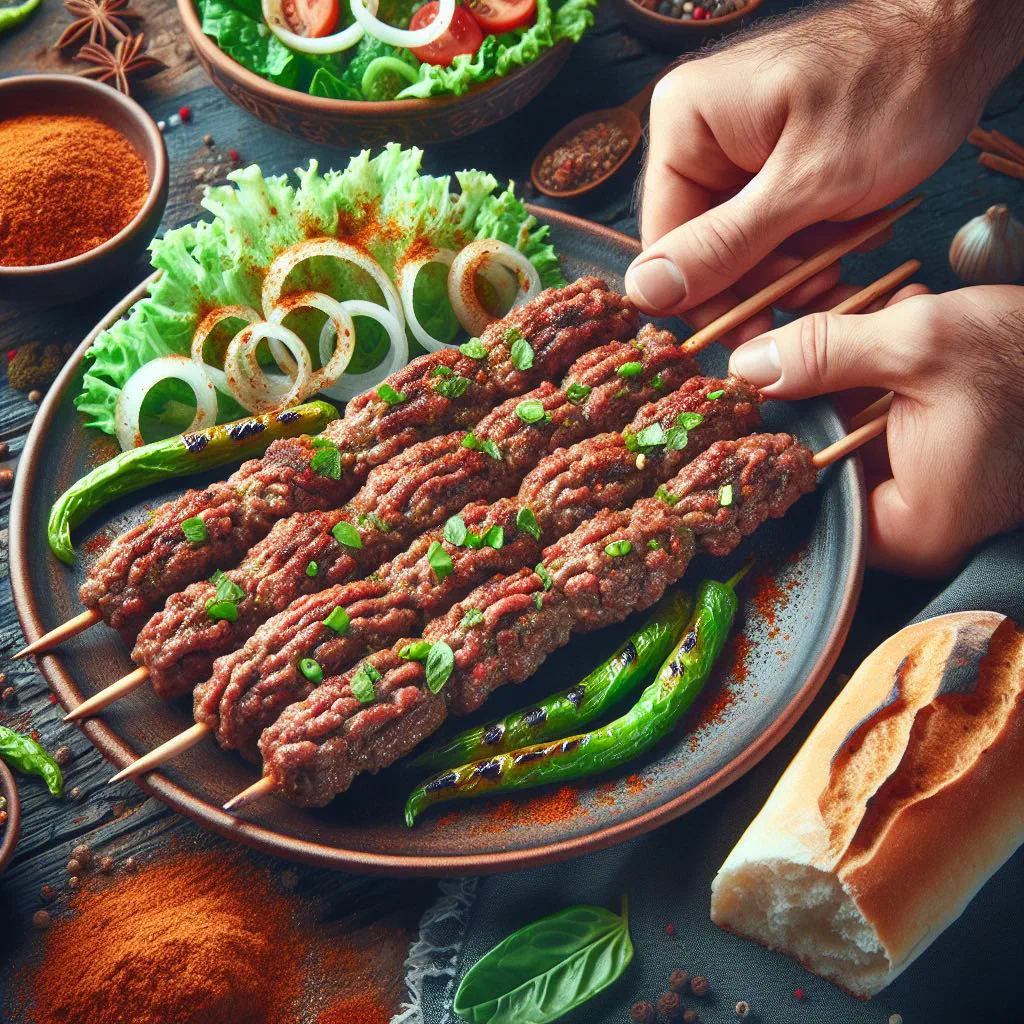 Grilled Bulgarian kebapche minced meat rolls with fresh bread and salad