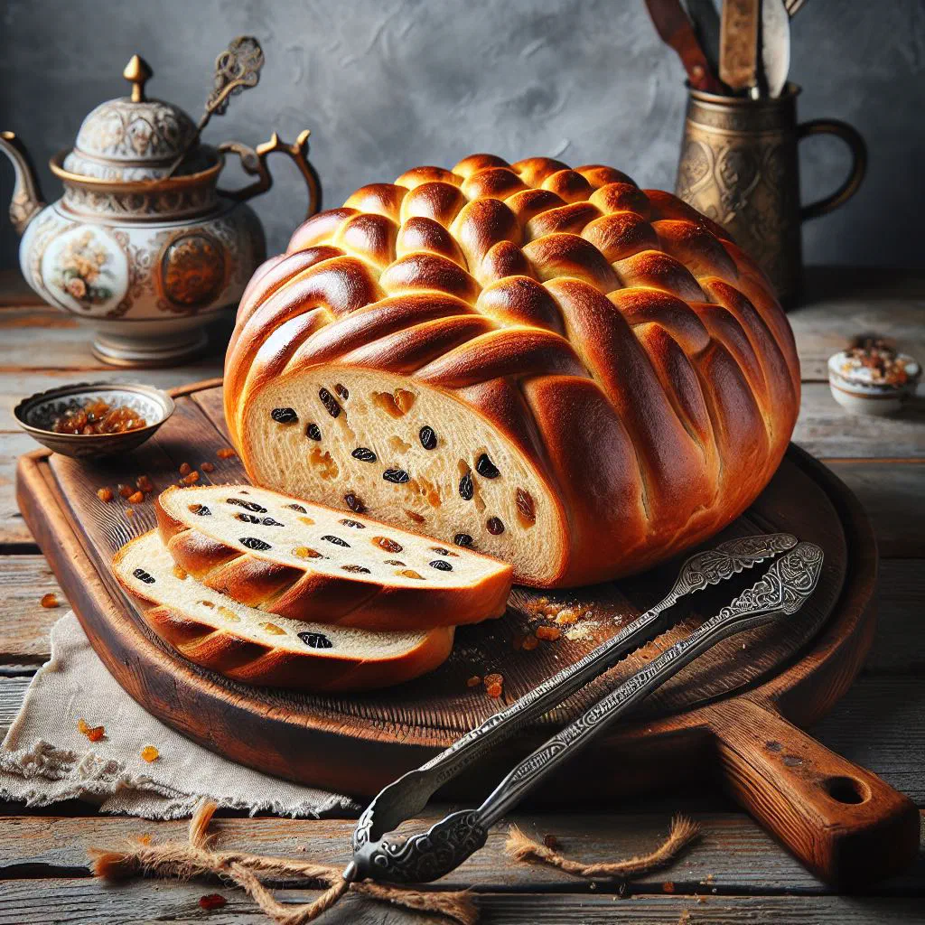 Golden braided kozunak Easter bread studded with raisins and nuts