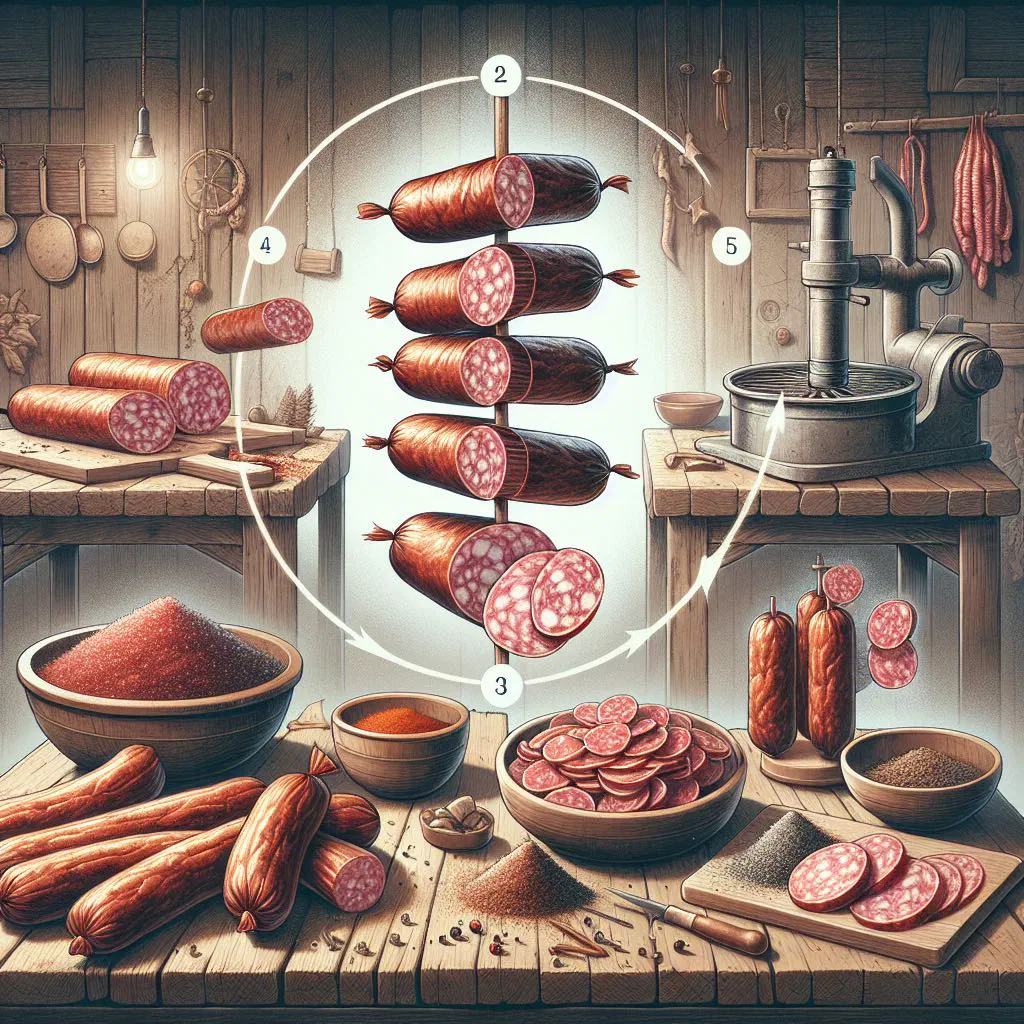Sliced lukanka sausage on a wooden board with garlic and bread