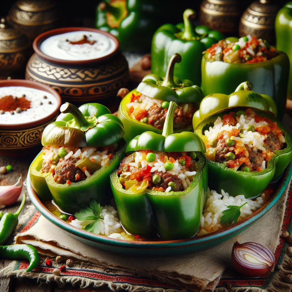 Baked stuffed peppers filled with rice and minced meat in tomato sauce