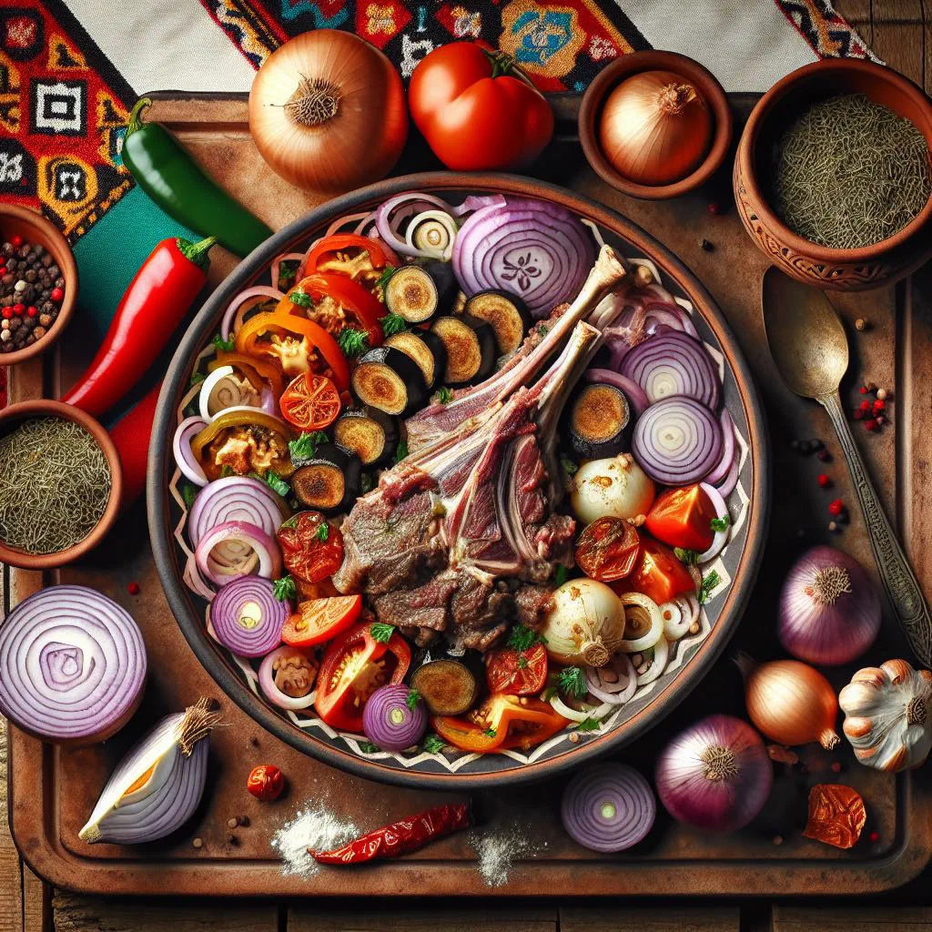 Grilled Bulgarian peshkavitsa meat served with fresh bread and herbs