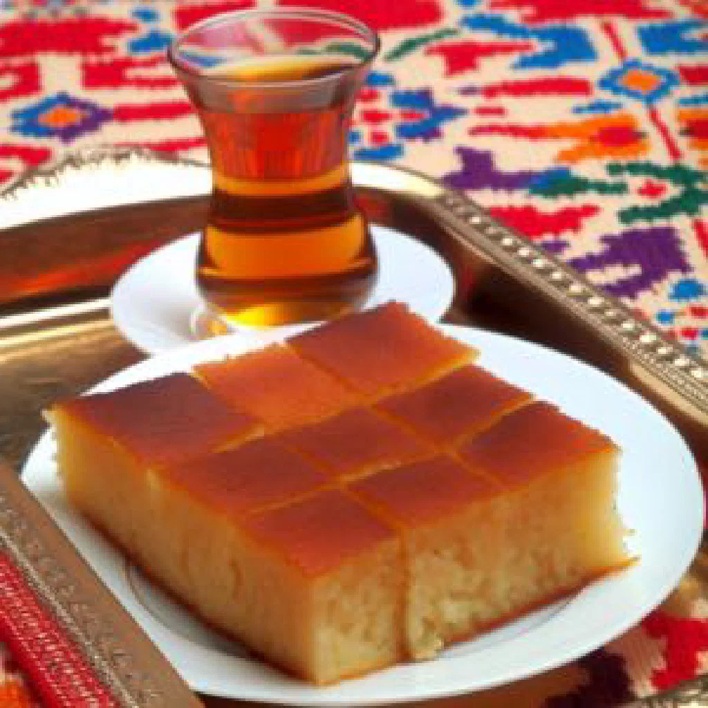 Squares of golden Bulgarian revane cake soaked in syrup and topped with coconut