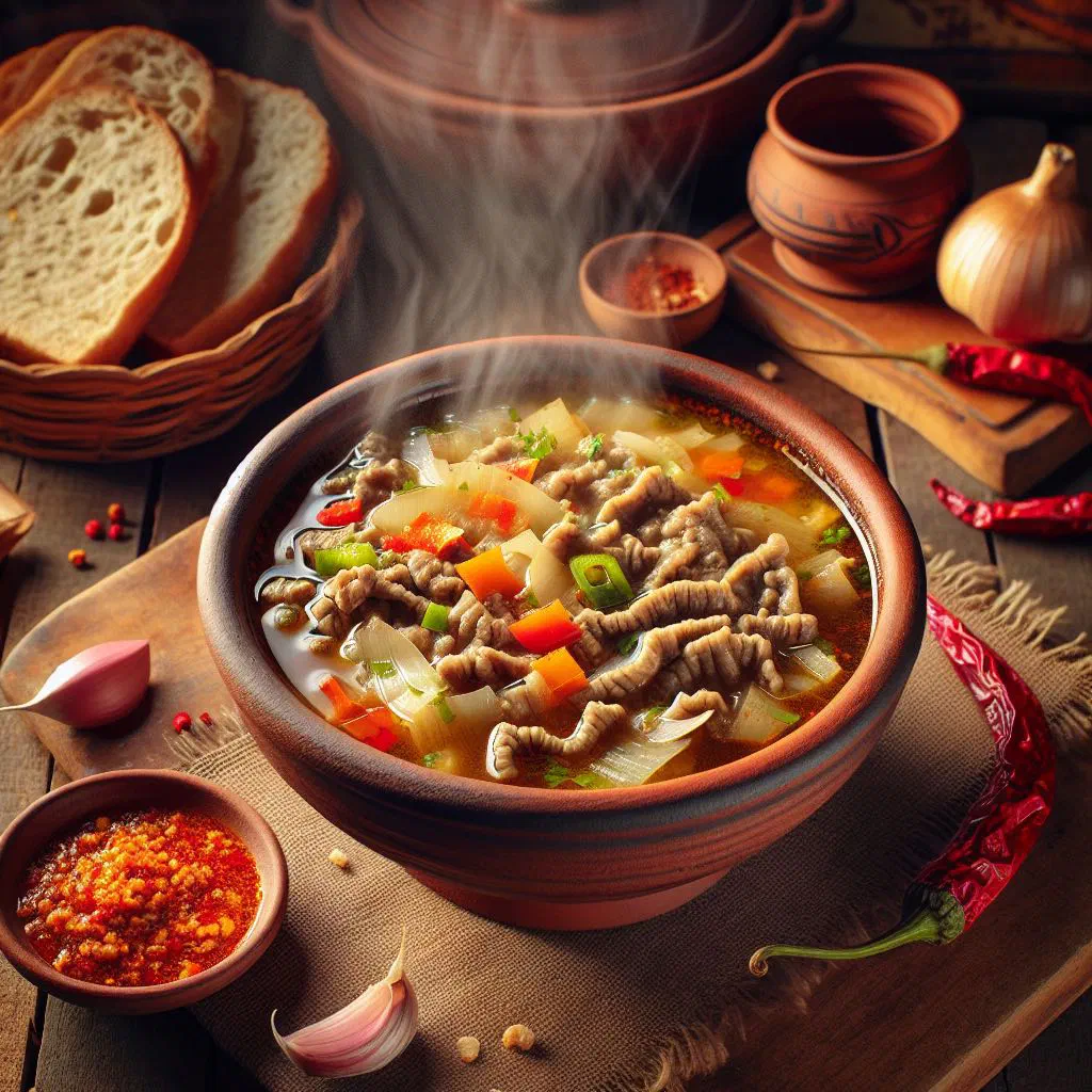 Bowl of Bulgarian shkembe chorba tripe soup with garlic and vinegar