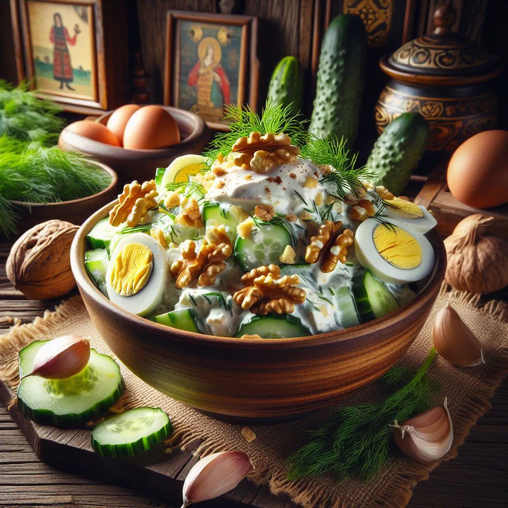 Creamy Bulgarian snow white salad with diced cucumber, yoghurt and dill