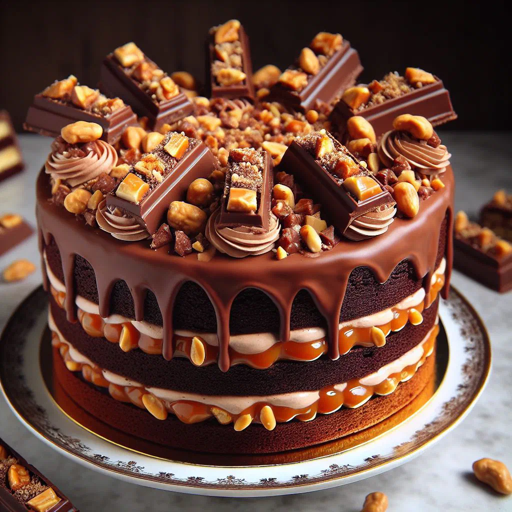 Slice of Bulgarian Snickers cake with chocolate sponge, peanut caramel and cream topping