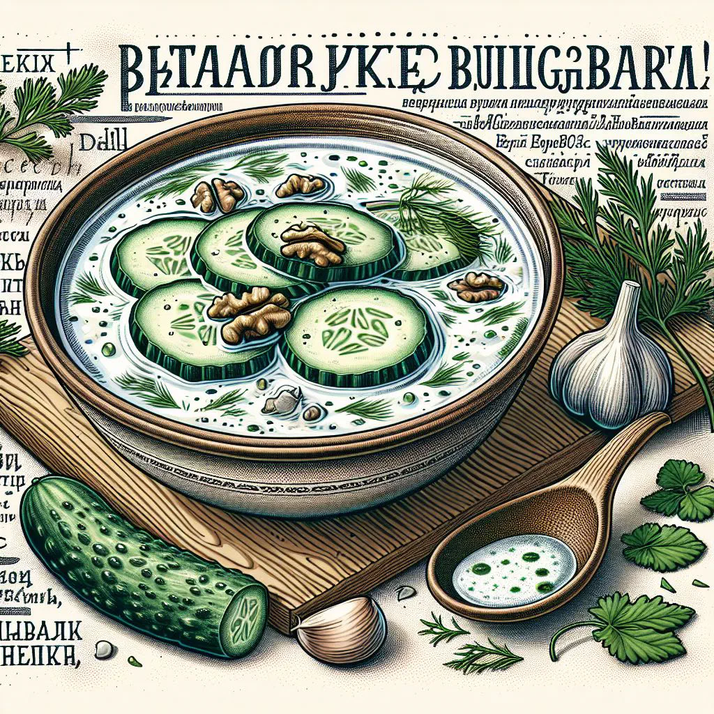 Bowl of chilled Bulgarian tarator soup with cucumber, walnuts and dill