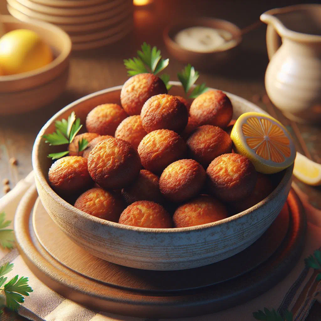 Golden fried cod fritters piled on a plate with fresh herbs