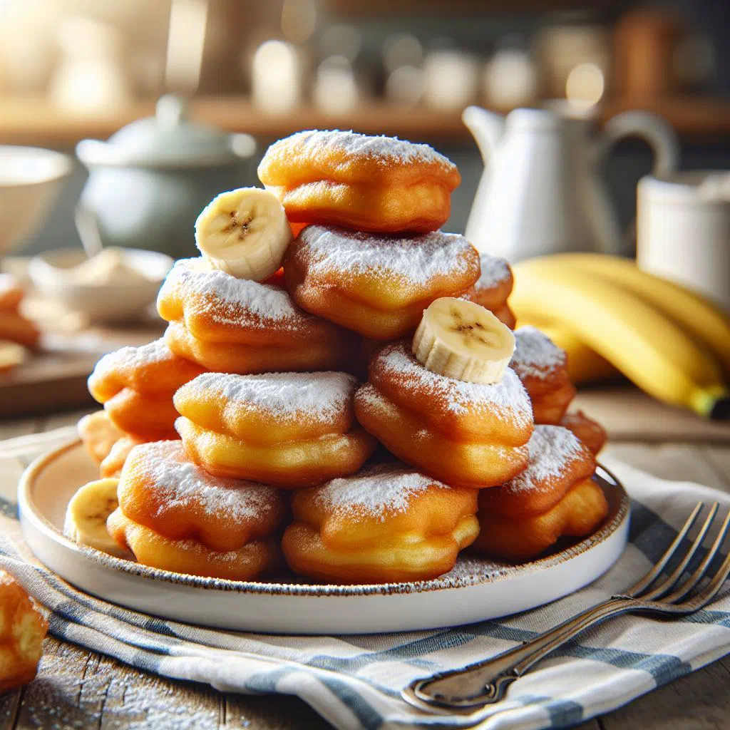 Golden-brown banana fritters piled on a plate and dusted with icing sugar