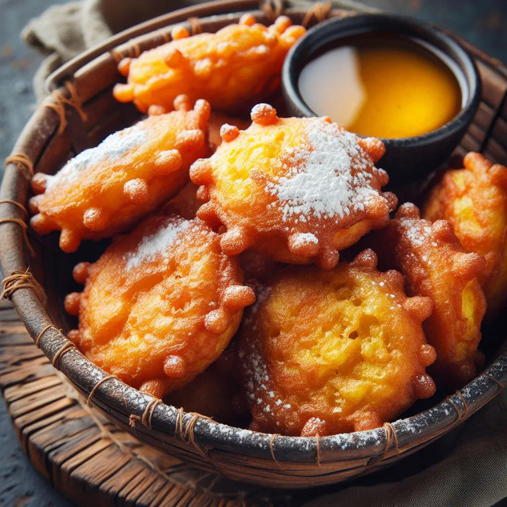 Golden deep-fried corn fritters piled on a plate
