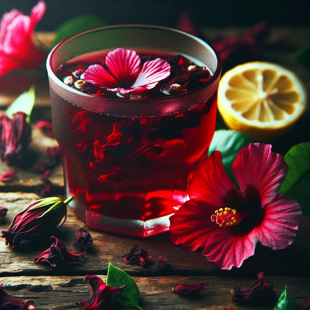 Deep red bissap hibiscus drink served chilled in a glass with mint