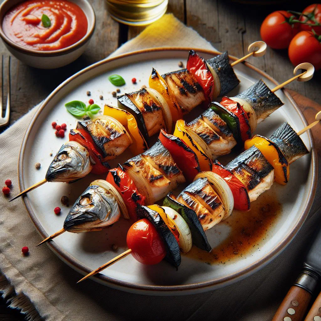 Grilled fish skewers with lemon wedges and fresh herbs
