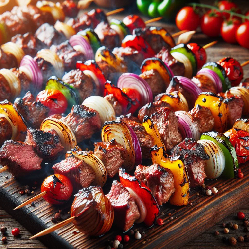 Grilled meat skewers with peppers and onions on a wooden board