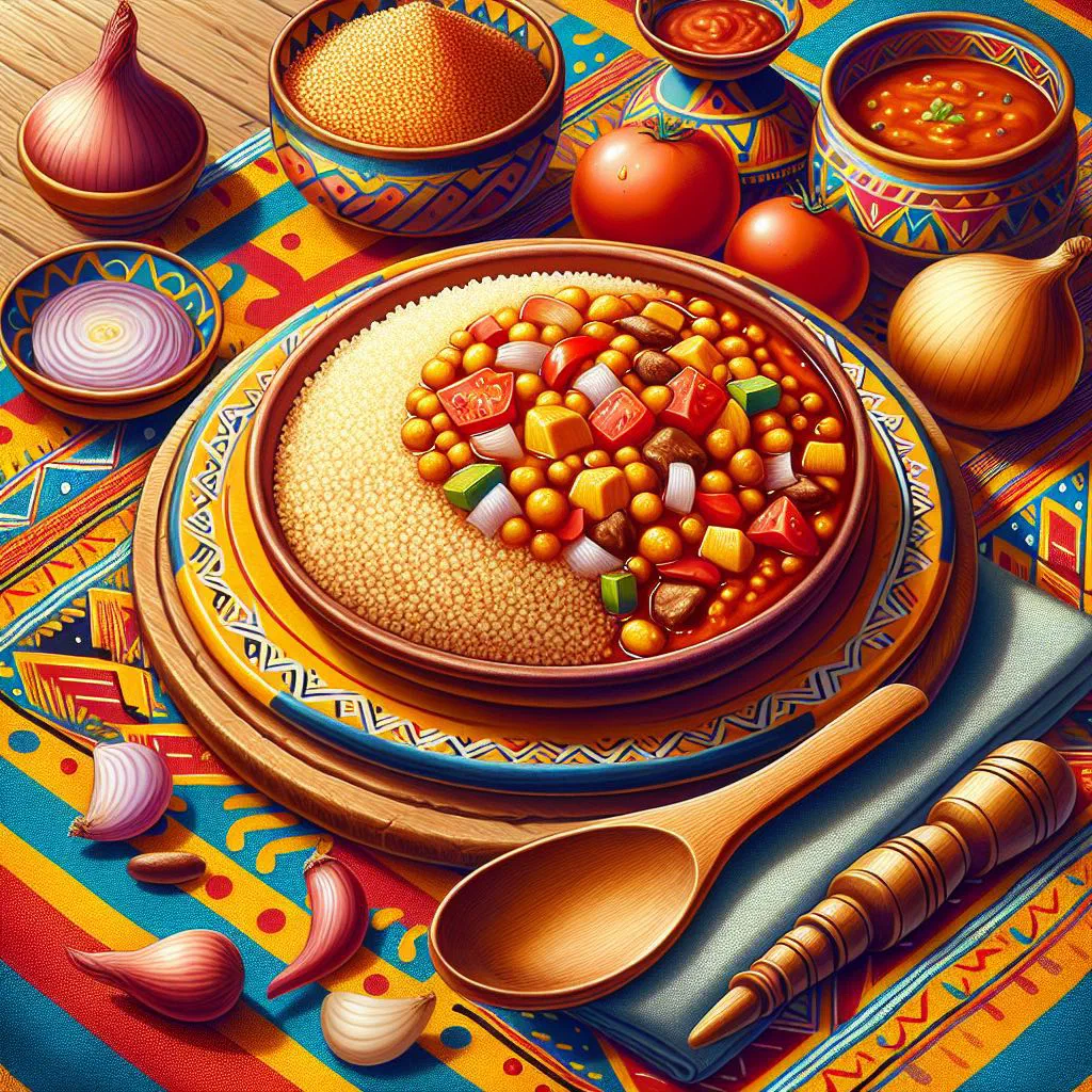 Steamed millet couscous with colourful vegetables and a bowl of sauce