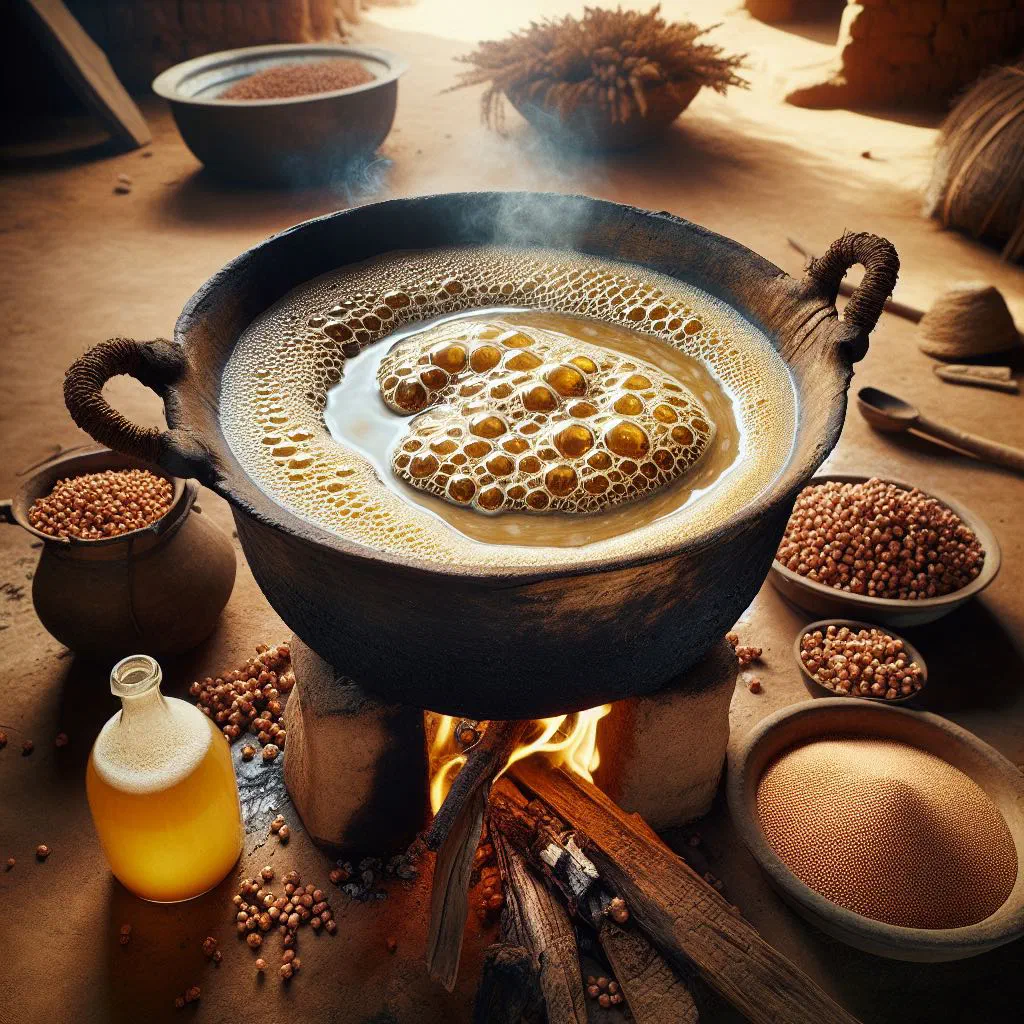 Cloudy golden dolo millet beer served in a traditional calabash bowl