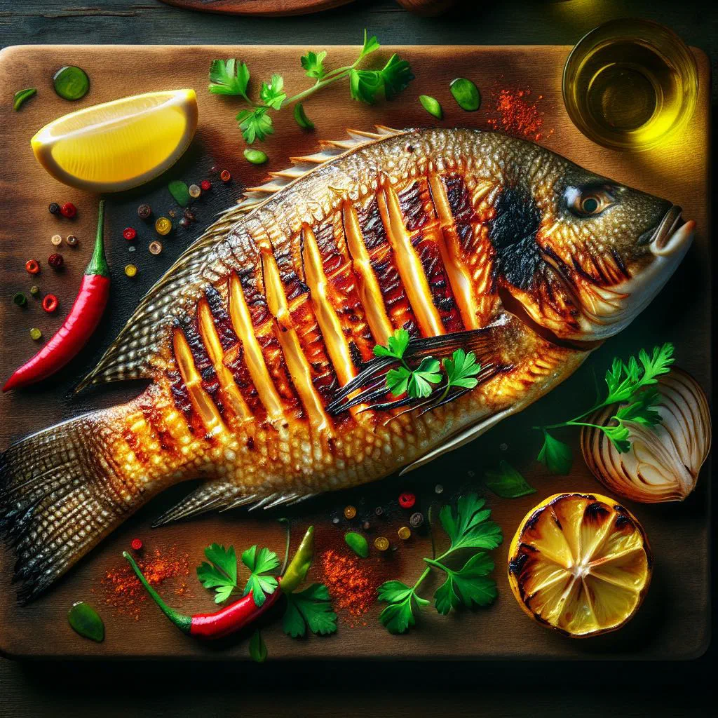Grilled tilapia fillets with fresh herbs and lemon wedges