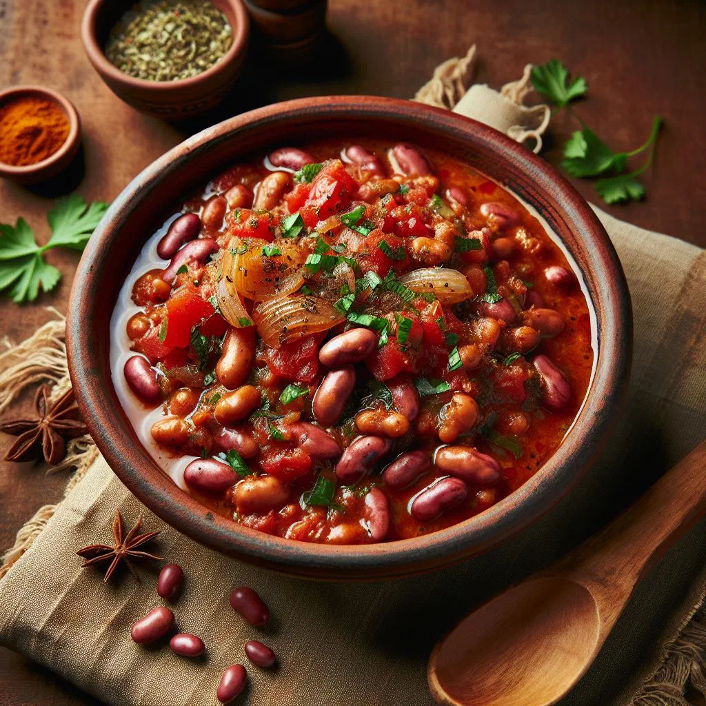 Bowl of Burkinabè beans in tomato sauce garnished with fresh herbs