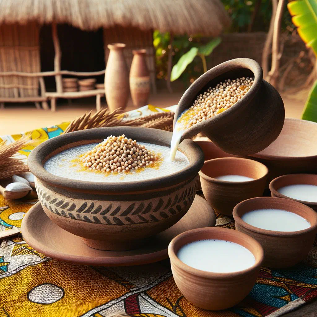 Bowl of fermented milk with cooked millet grains, garnished with fresh fruit