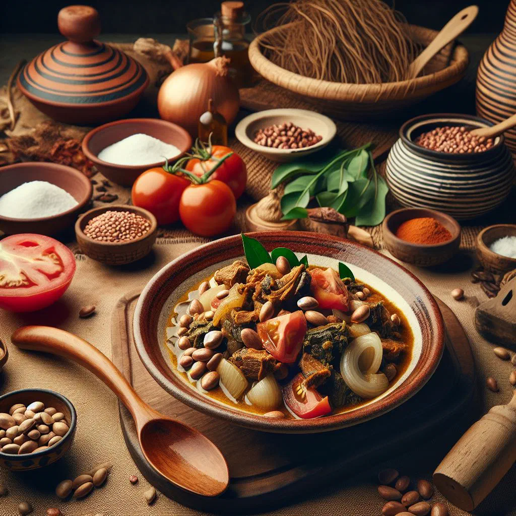 Néré soumbala stew with tomatoes, onions and chillies in a bowl
