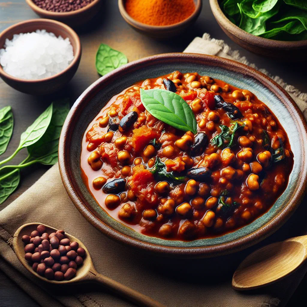 Bowl of Burkinabè niébé sauce with black-eyed peas in a spiced tomato base