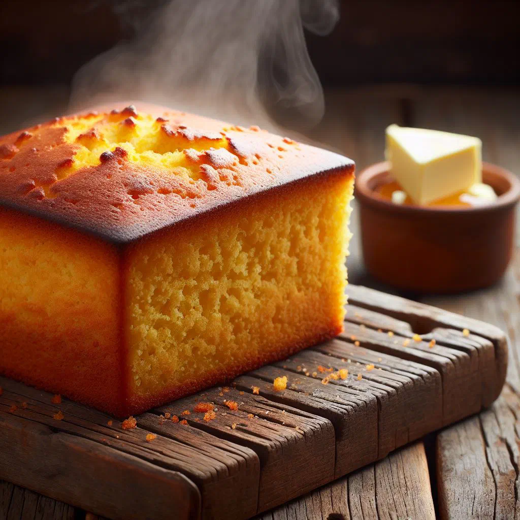 Golden loaf of Burkinabè cornmeal bread, sliced on a wooden board