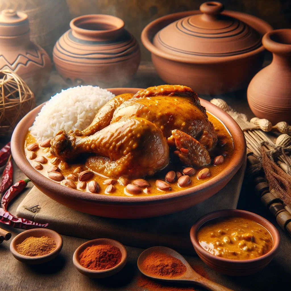 Chicken in a creamy peanut sauce, garnished with fresh coriander