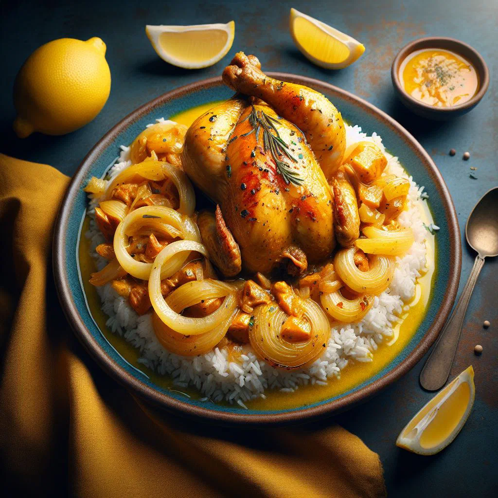 Poulet Yassa with golden chicken in a lemony onion sauce, served with rice