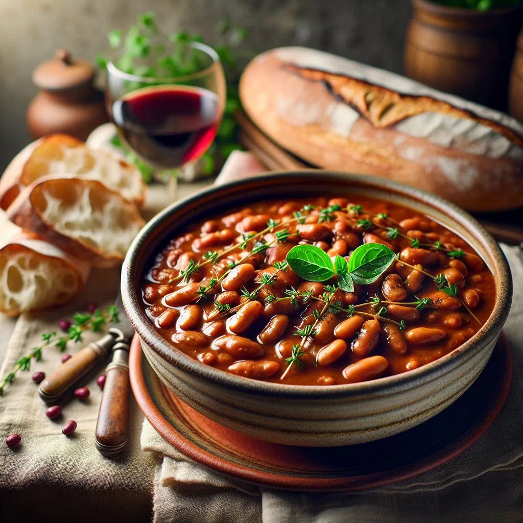 Bowl of Burkinabè bean stew with tomatoes, peppers and fresh herbs
