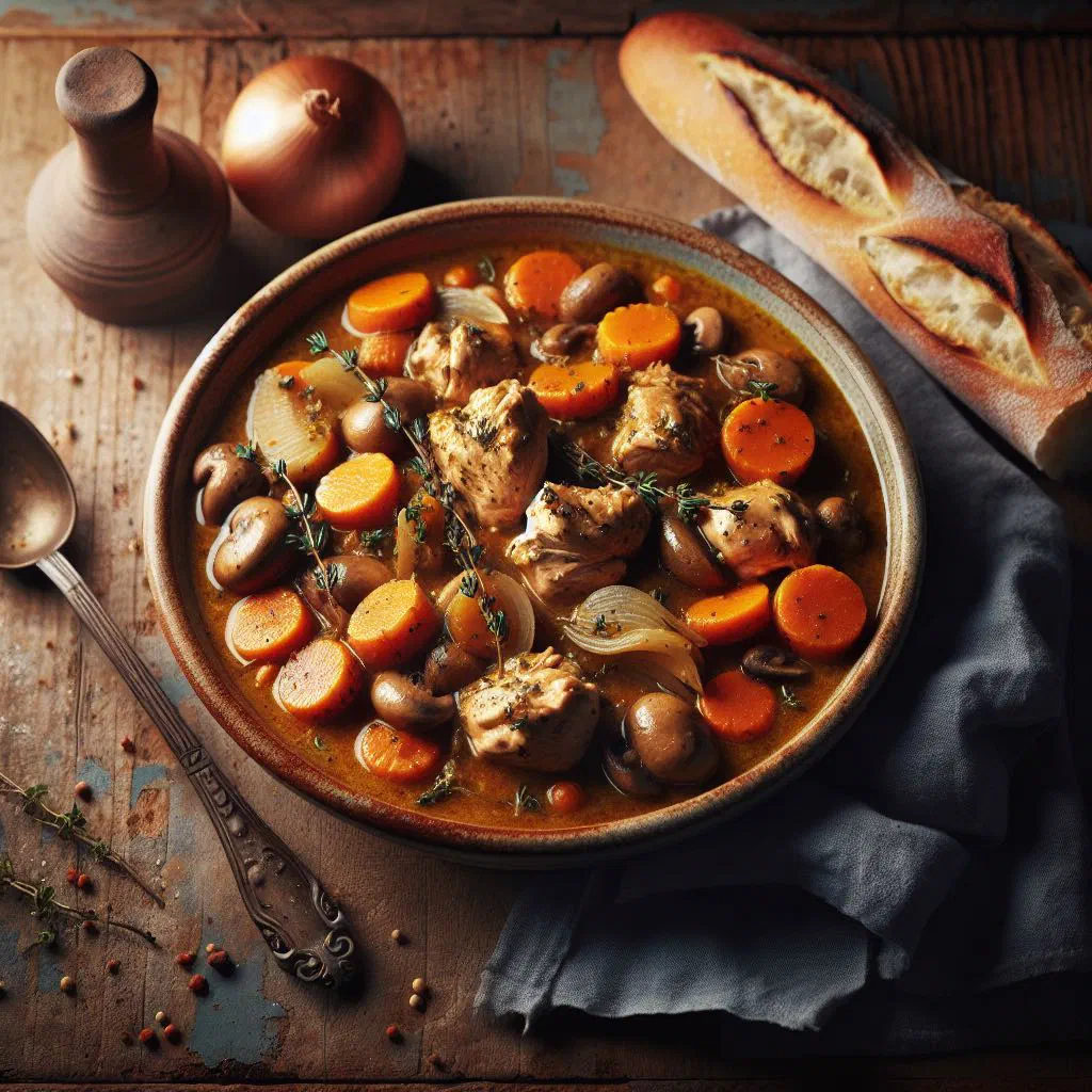 Burkinabè chicken stew in a rich tomato sauce, garnished with fresh parsley