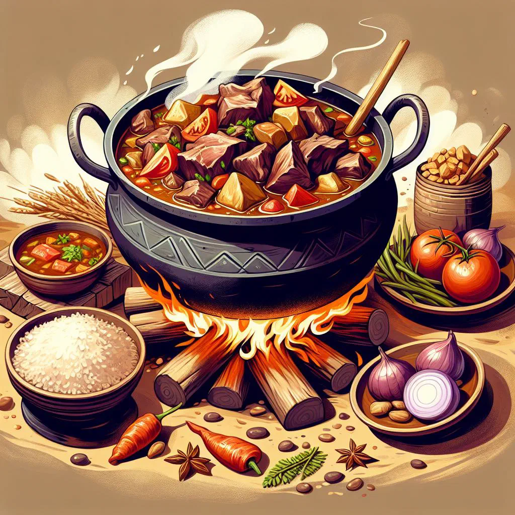 Bowl of Burkinabè meat stew with carrots, peppers and tomatoes