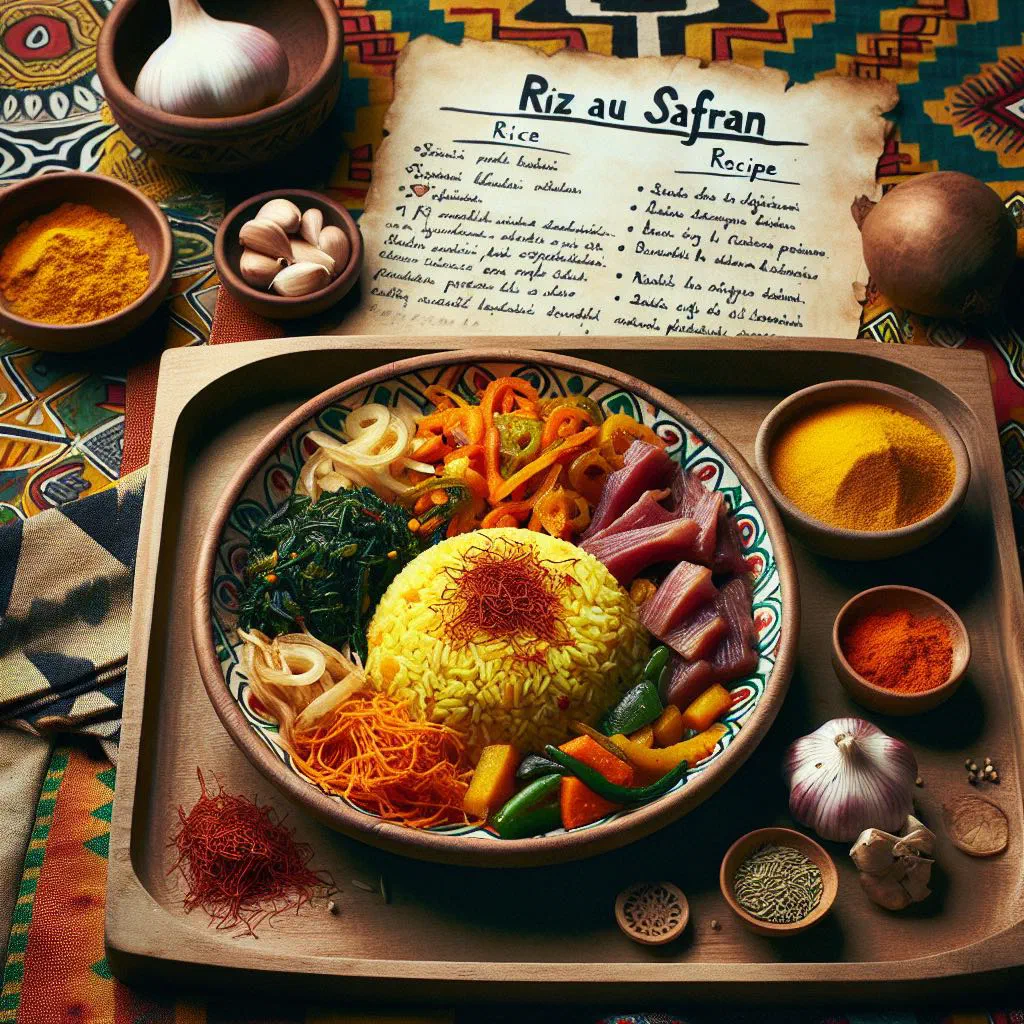 Golden saffron rice in a bowl garnished with fresh herbs