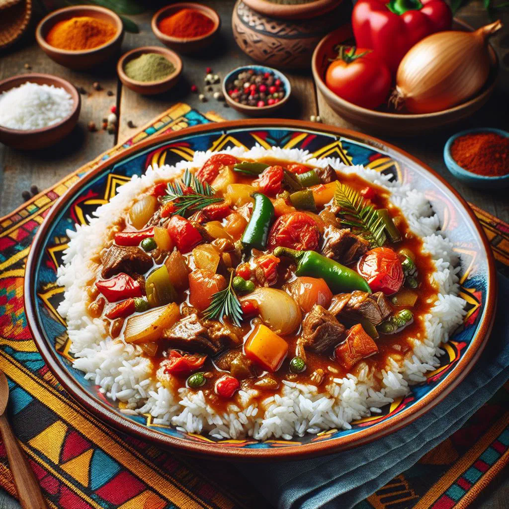 A bowl of riz gras with tomato-stained rice, tender meat and vegetables