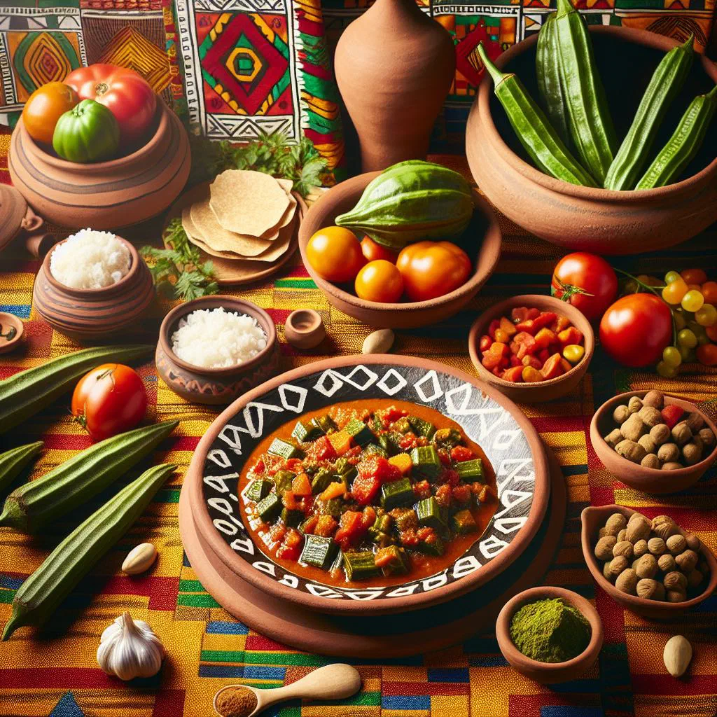 Bowl of sauce gombo with okra and tomato served with rice