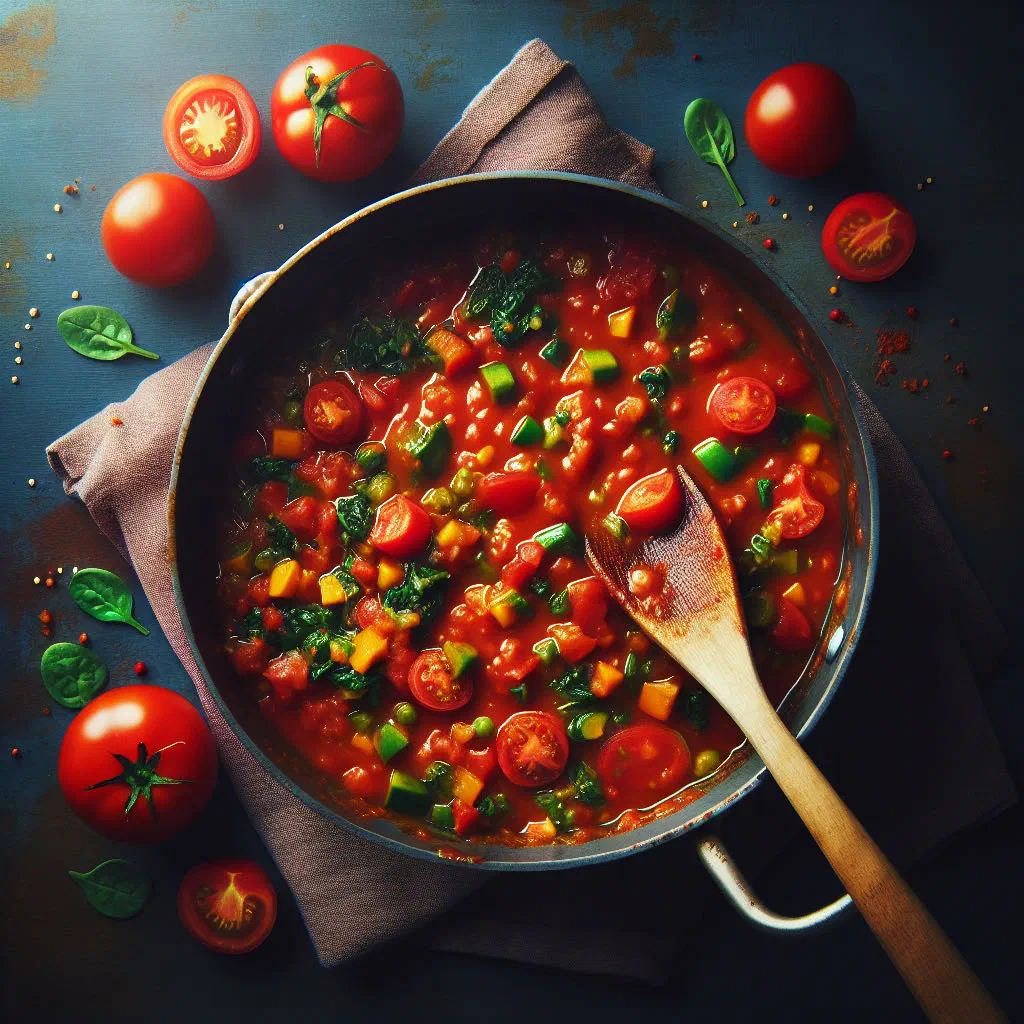 Bowl of West African tomato and vegetable sauce garnished with fresh herbs