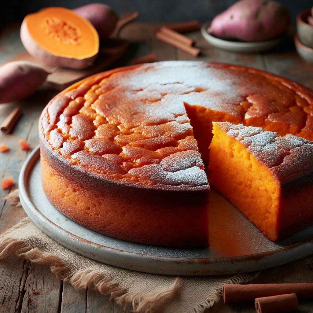 Golden sweet potato cake on a plate, sliced to show its moist crumb