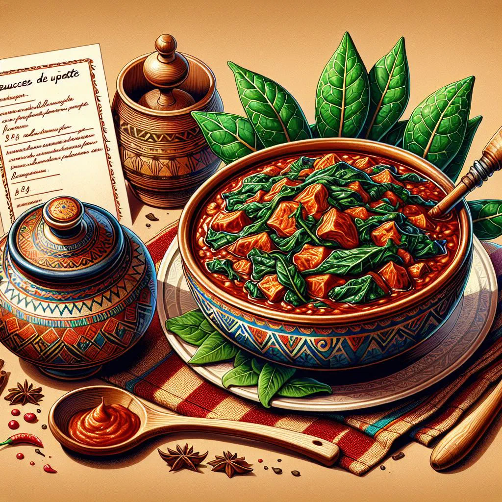 Bowl of sweet potato leaf sauce with tomatoes and peanut butter