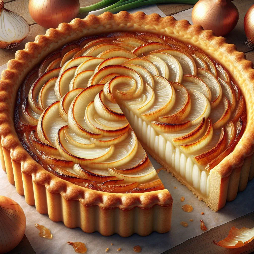 Golden onion tart with a crisp pastry base, sliced and ready to serve