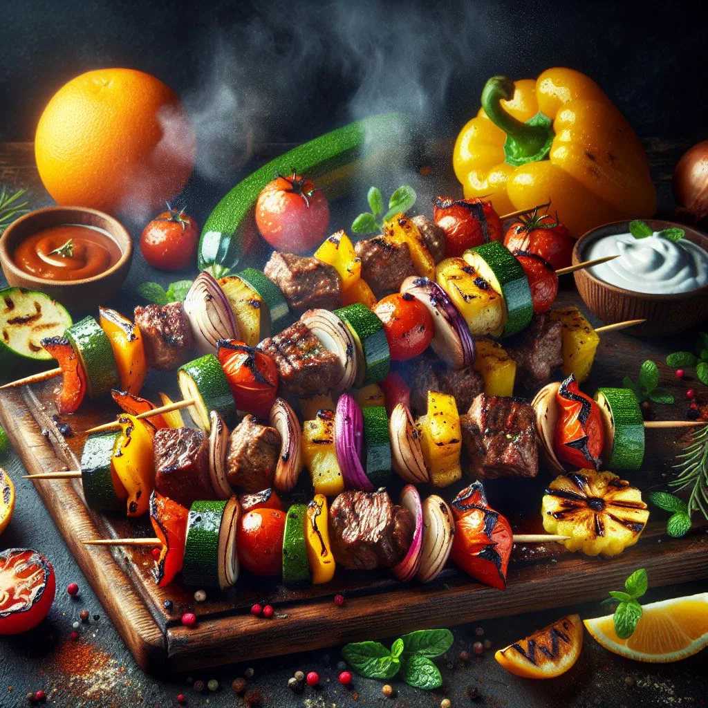 Grilled meat and vegetable brochettes on skewers with fresh herbs