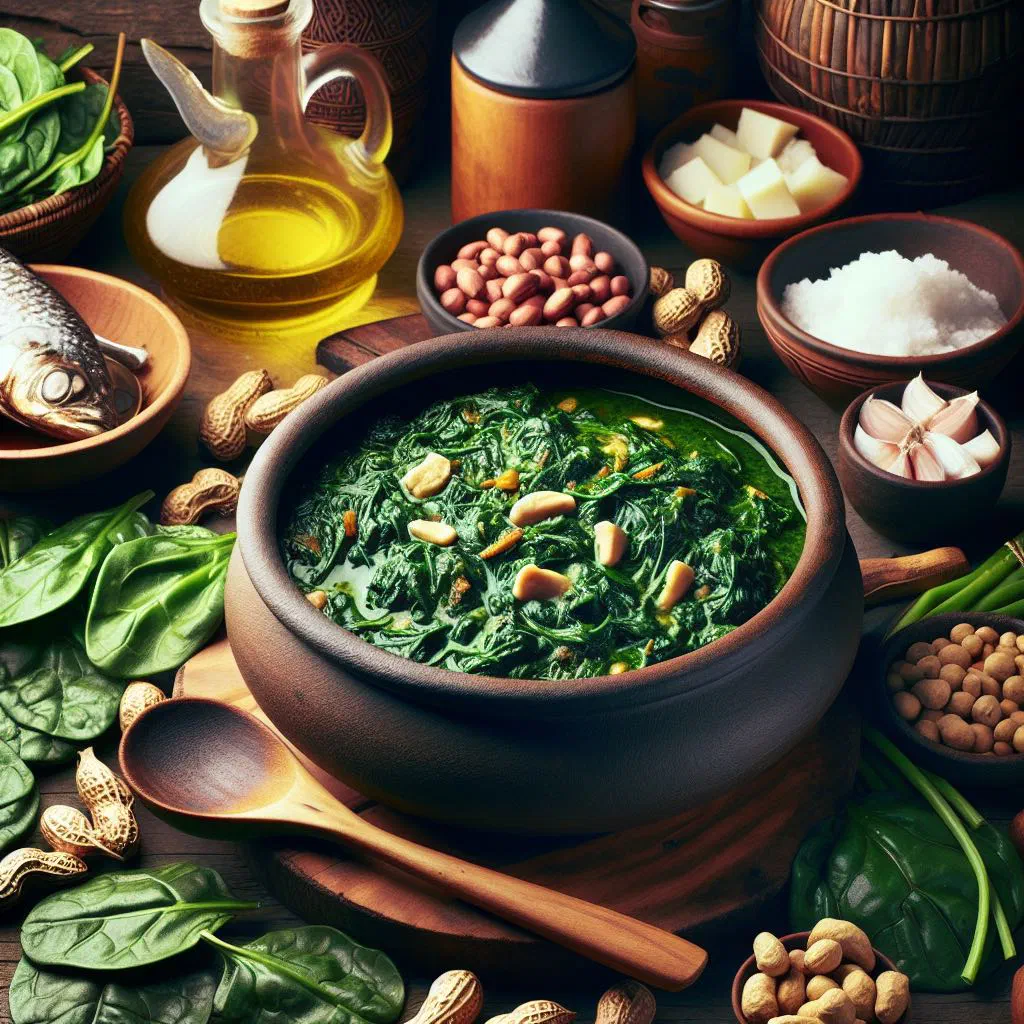 Fumbwa stew of cassava leaves and peanuts served in a bowl