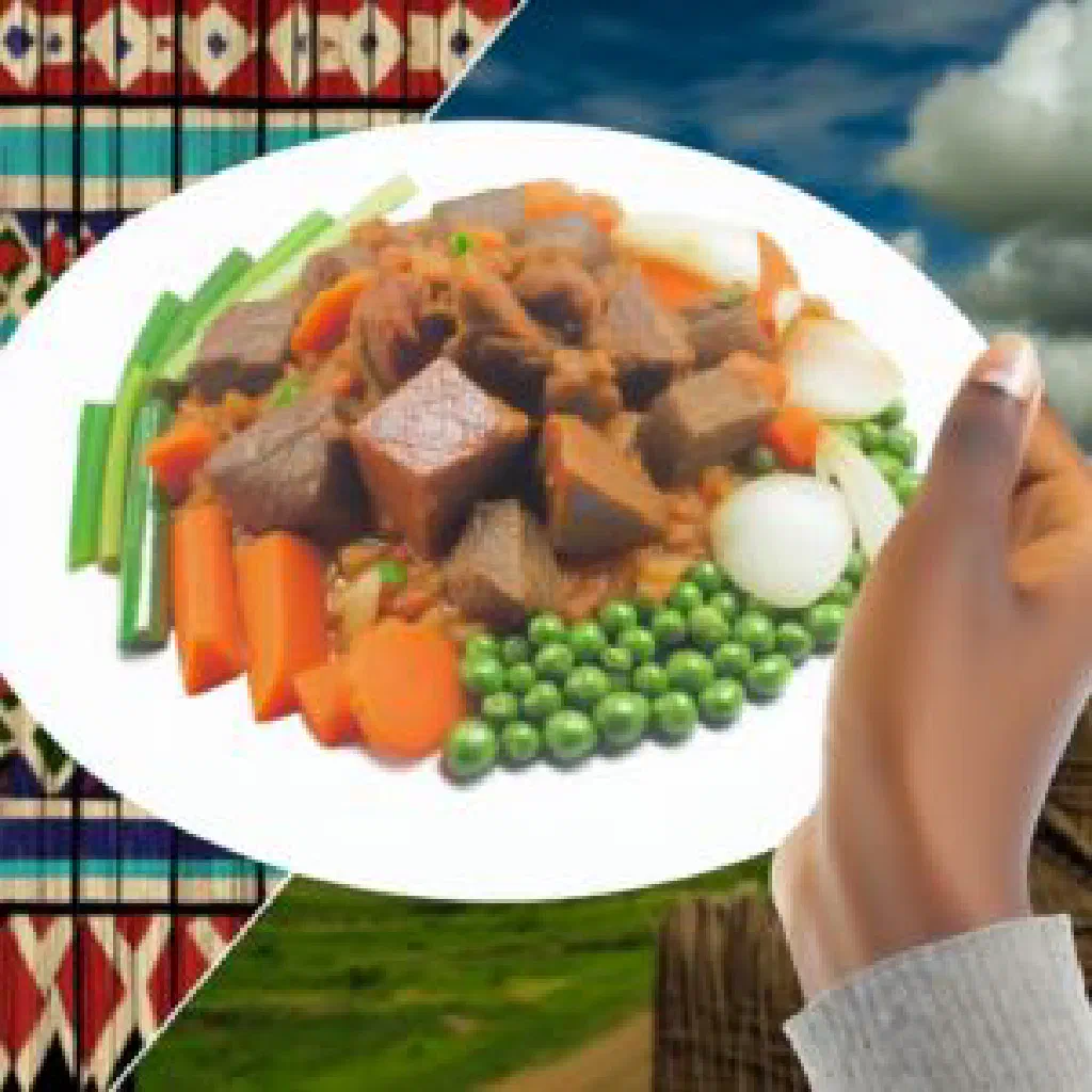 Intore with tender meat, carrots and courgette garnished with fresh herbs