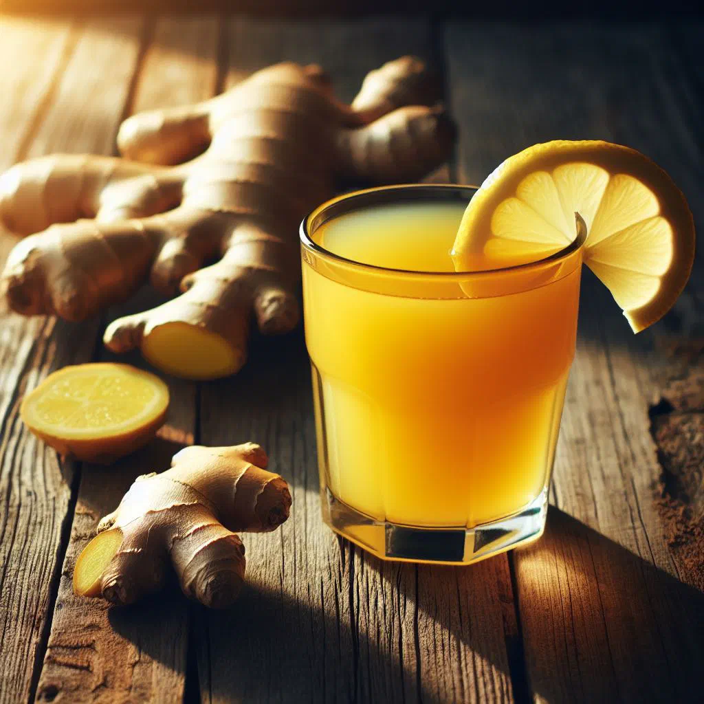 A tall glass of golden ginger juice with ice and a slice of lemon