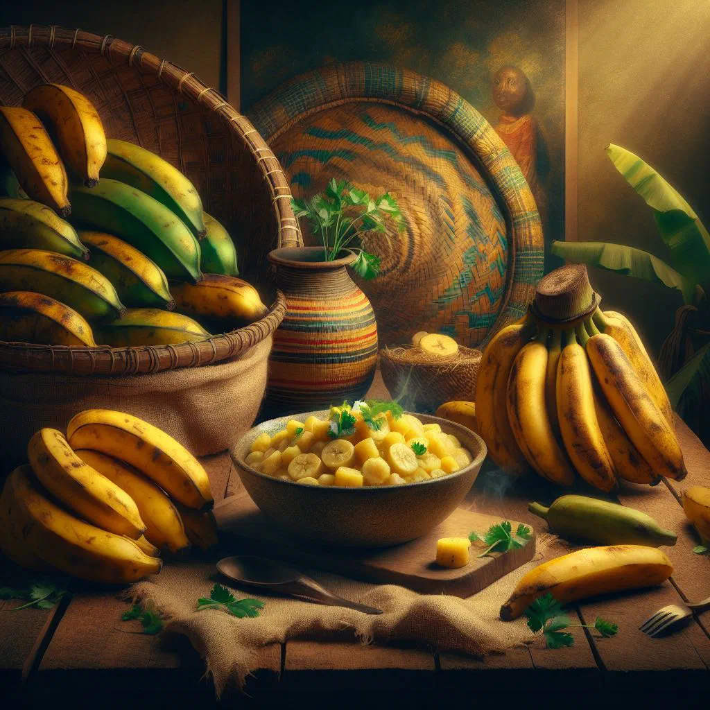 A bowl of matoke, green bananas stewed with tomato and onion